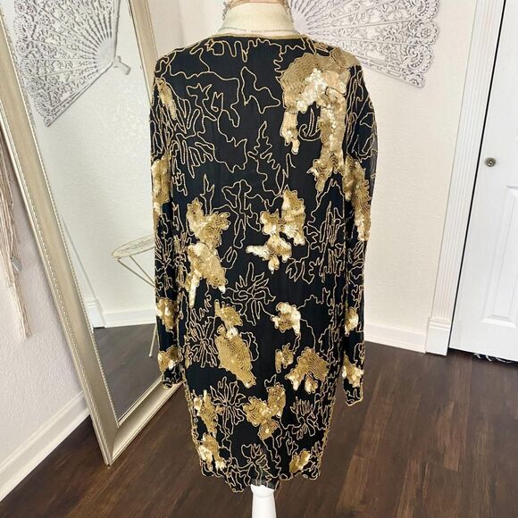 Vintage Ethereal Whimsygoth Black Gold Beaded Silk Open Front Duster Cardigan XL - Picture 6 of 8